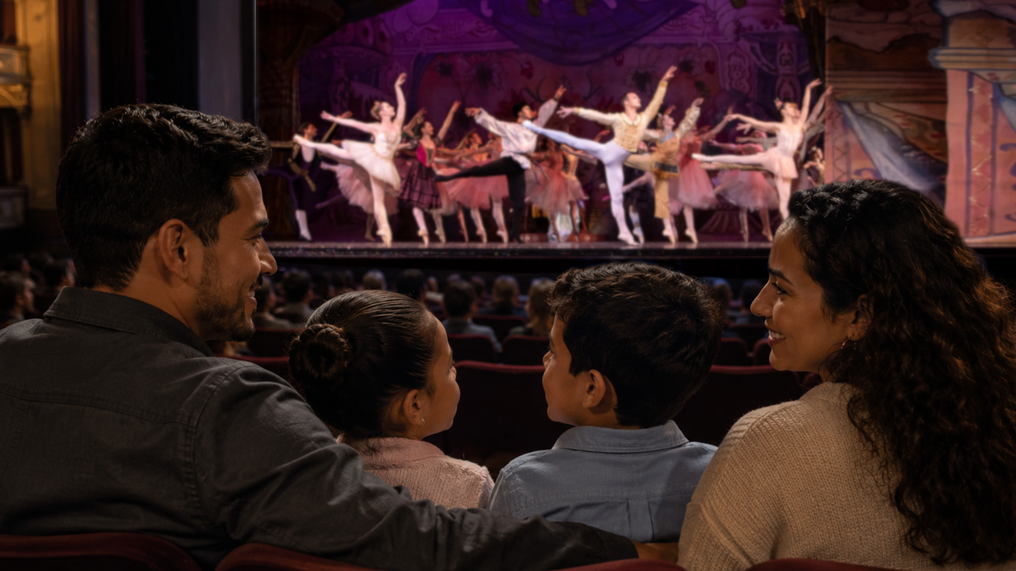 A family enjoying the finale of "The Nutcracker," one of the ballets in City Ballet of San Diego's family ballet series
